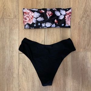 NEW High waisted bikini floral strapless top black high leg bottoms